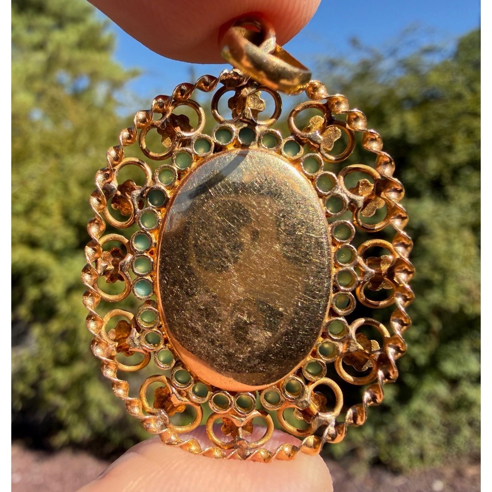 Antique‎ 20k Solid Yellow Gold Filigree Enamel Cameo Turqiouse Pendant Portugal - Picture 10 of 11